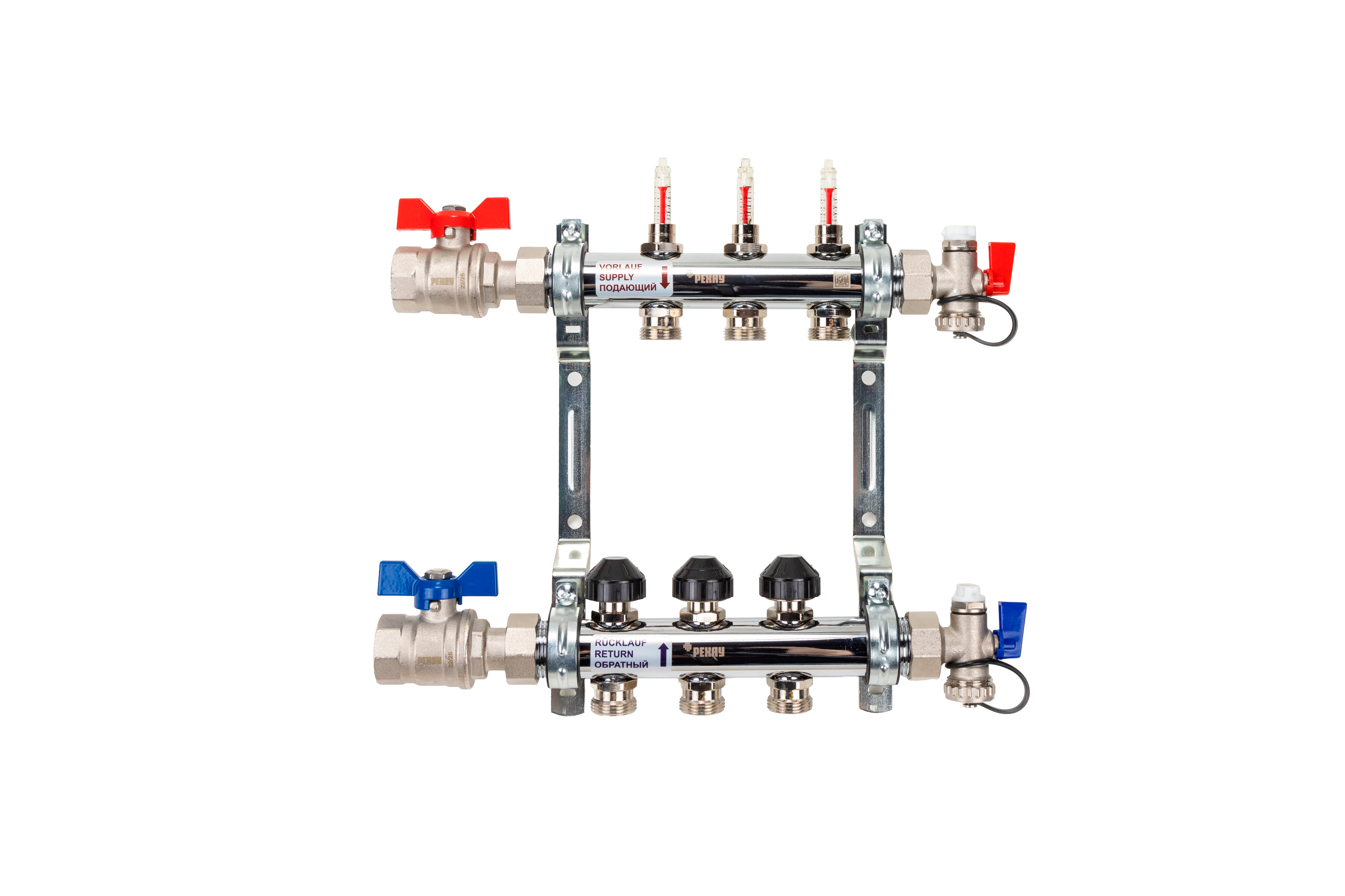 РЕХАУ 12080313002 HKV-D Коллектор распределительный 3 контура для теплого пола с расходомерами и термовставками, запорными кранами, в сборе: с шаровыми кранами, с креплением, с блоком заполнения/ воздухоот., с термометром