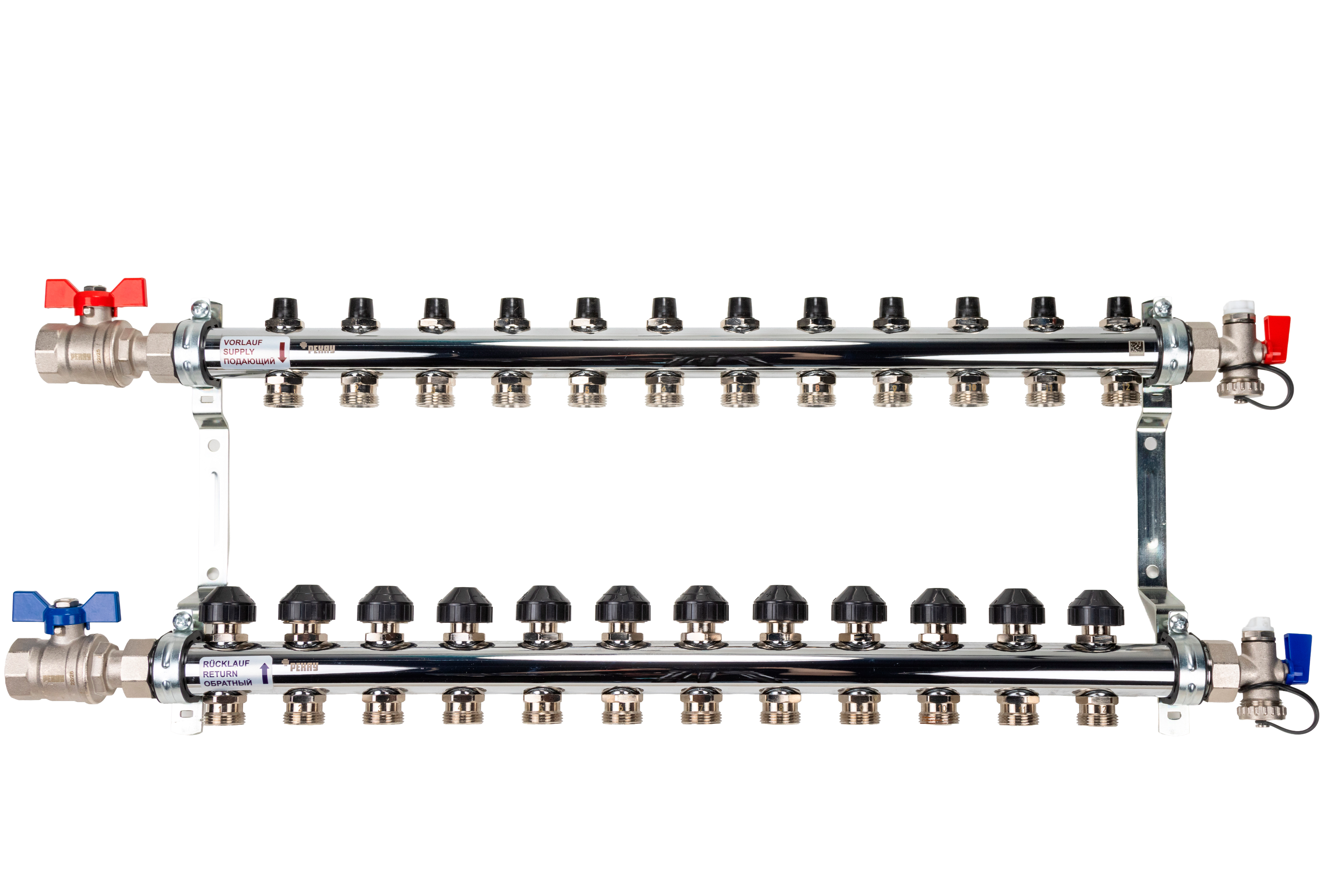 РЕХАУ 12181213001 HKV Коллектор распределительный 12 контуров для системы отопления с термовставками и запорными кранами, в сборе: с шаровыми кранами, с креплением, с блоком заполнения/ воздухоот., с термометром