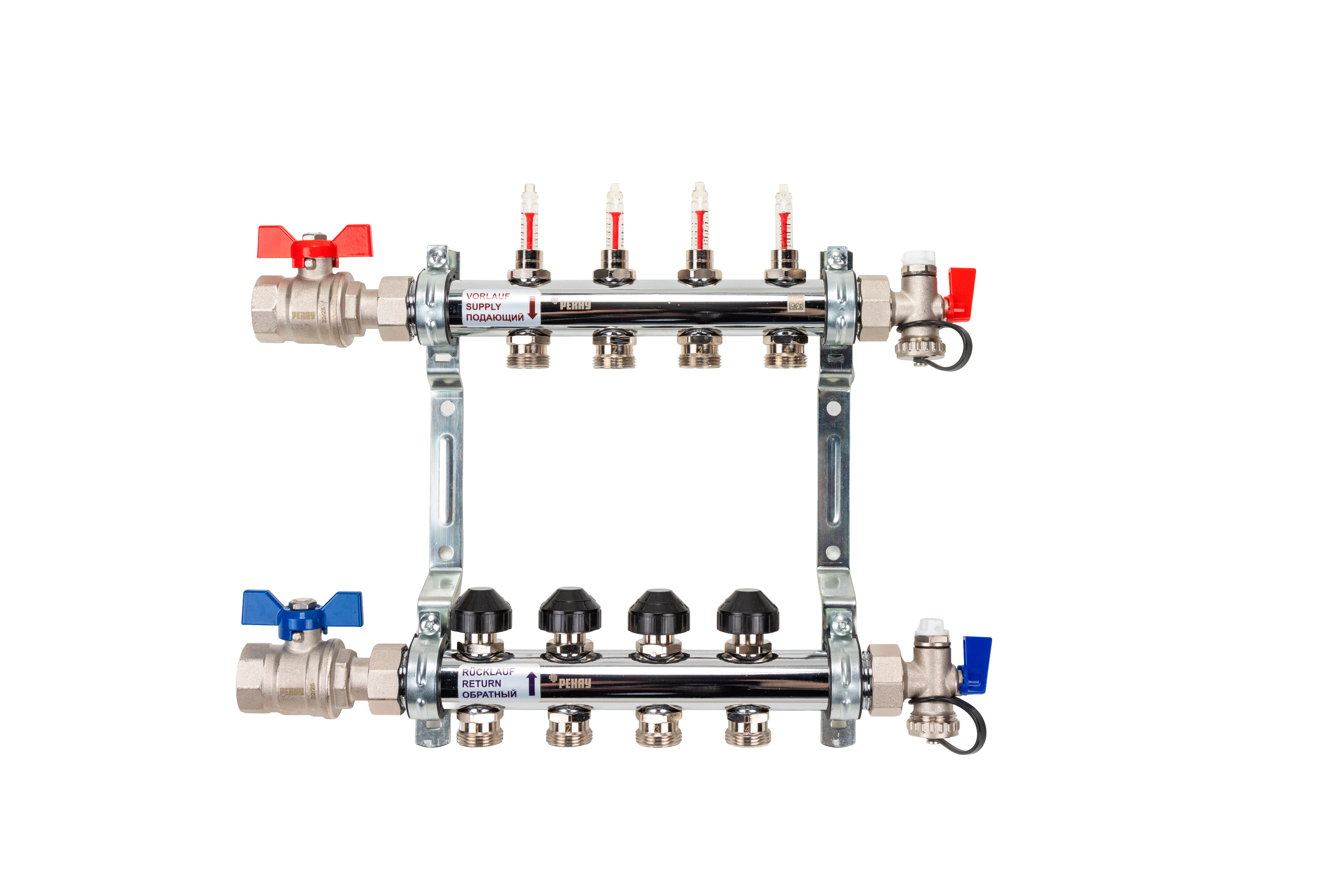 РЕХАУ 12080413002 HKV-D Коллектор распределительный 4 контура для теплого пола с расходомерами и термовставками, запорными кранами, в сборе: с шаровыми кранами, с креплением, с блоком заполнения/ воздухоот., с термометром