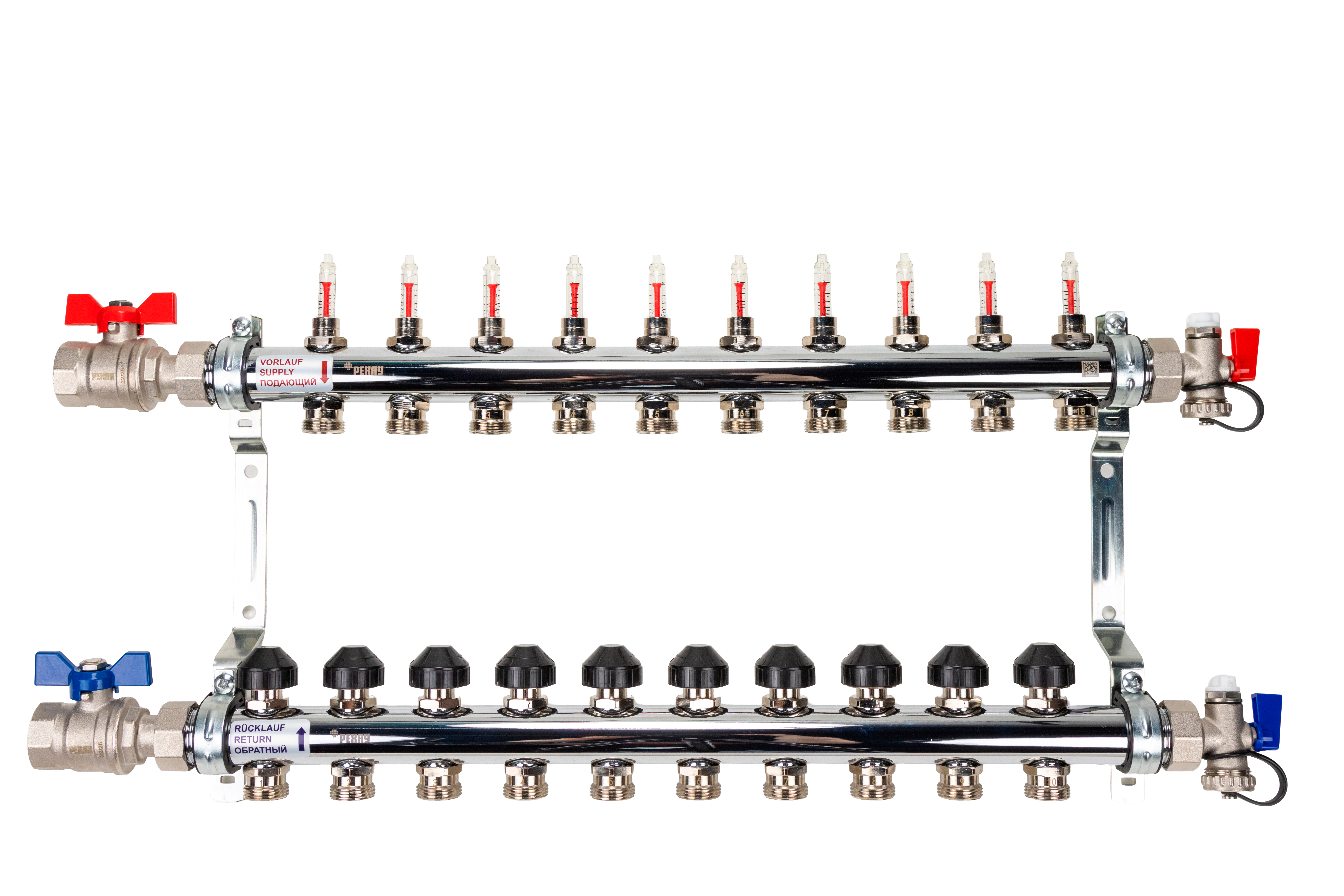РЕХАУ 12081013002 HKV-D Коллектор распределительный 10 контуров для теплого пола с расходомерами и термовставками, запорными кранами, в сборе: с шаровыми кранами, с креплением, с блоком заполнения/ воздухоот., с термометром
