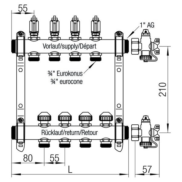 РЕХАУ 12080811002 RAUTHERM S Распределительный коллектор HKV-D 1", с расходомерами, на 8 контуров , нержавеющая сталь, нержавеющая сталь