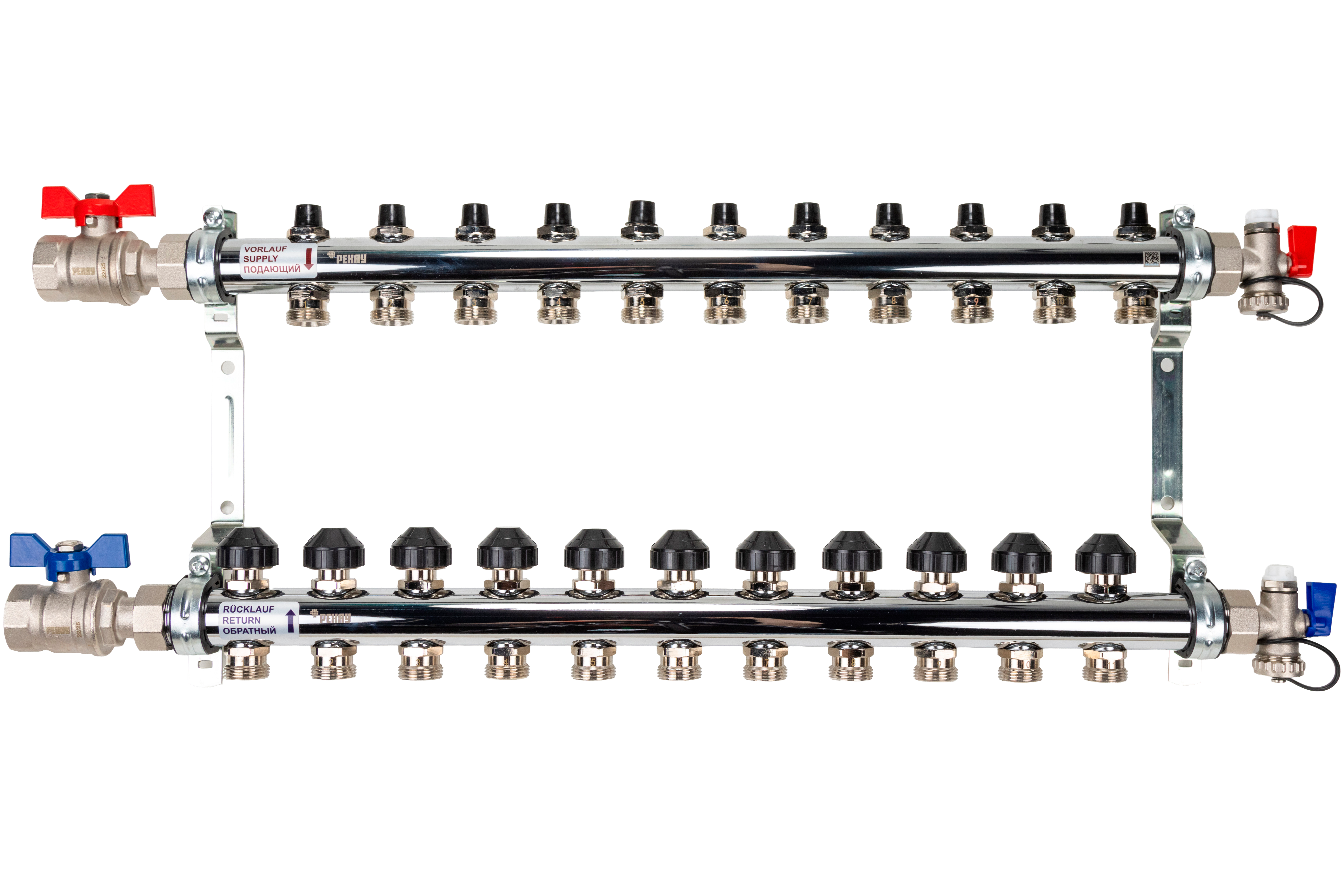 РЕХАУ 12181113001 HKV Коллектор распределительный 11 контуров для системы отопления с термовставками и запорными кранами, в сборе: с шаровыми кранами, с креплением, с блоком заполнения/ воздухоот., с термометром