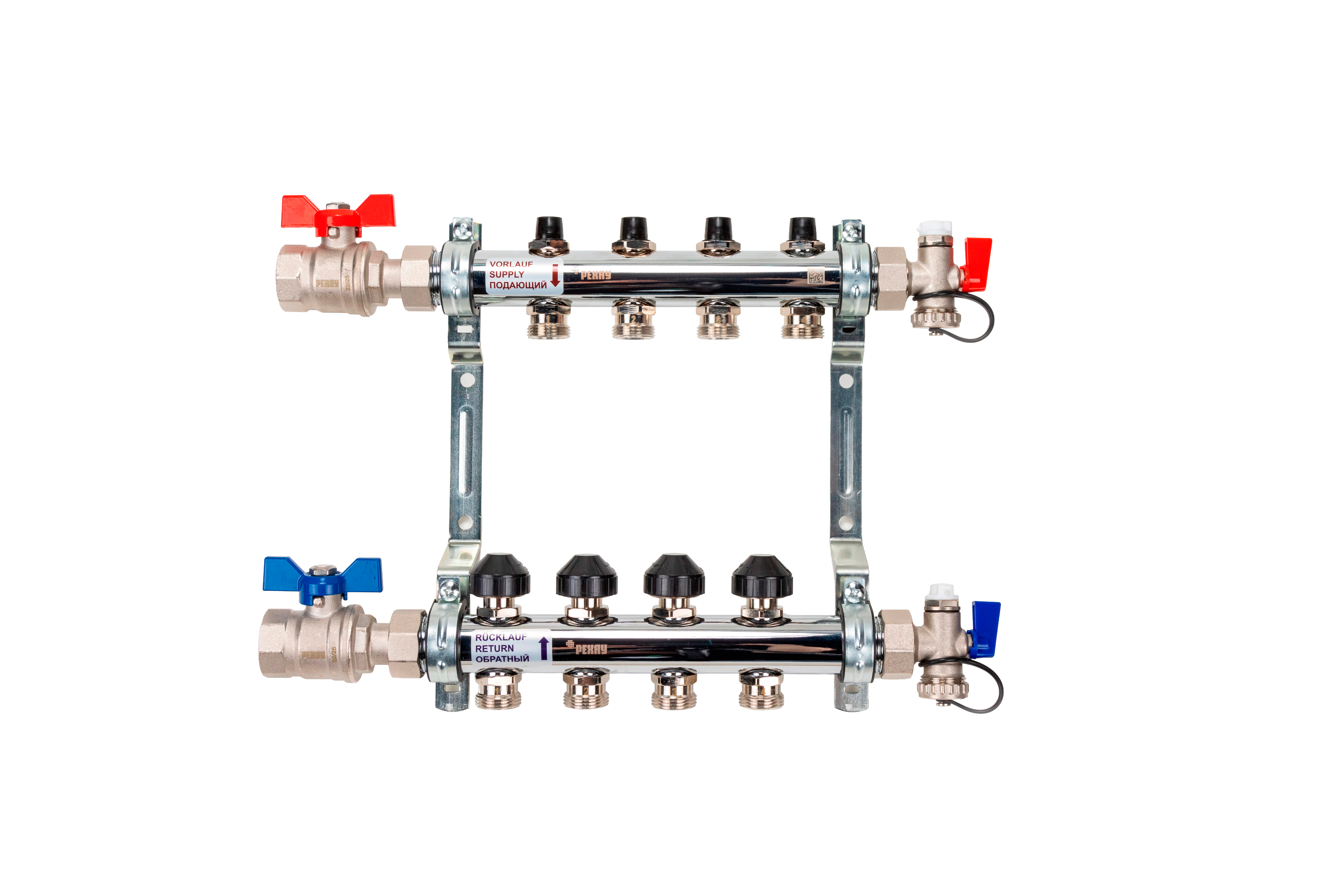 РЕХАУ 12180413001 HKV Коллектор распределительный 4 контура для системы отопления с термовставками и запорными кранами, в сборе: с шаровыми кранами, с креплением, с блоком заполнения/ воздухоот., с термометром