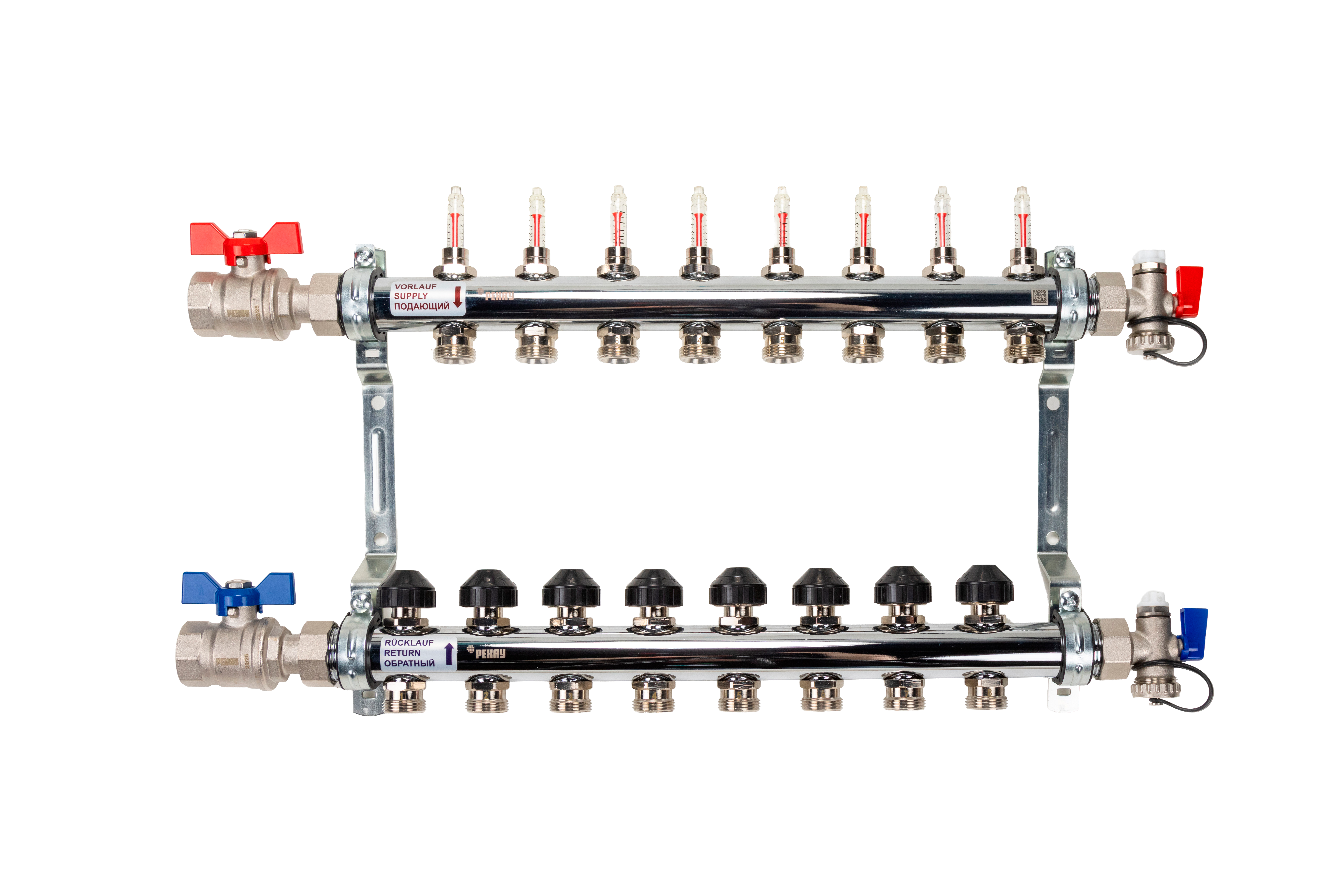 РЕХАУ 12080813002 HKV-D Коллектор распределительный 8 контуров для теплого пола с расходомерами и термовставками, запорными кранами, в сборе: с шаровыми кранами, с креплением, с блоком заполнения/ воздухоот., с термометром