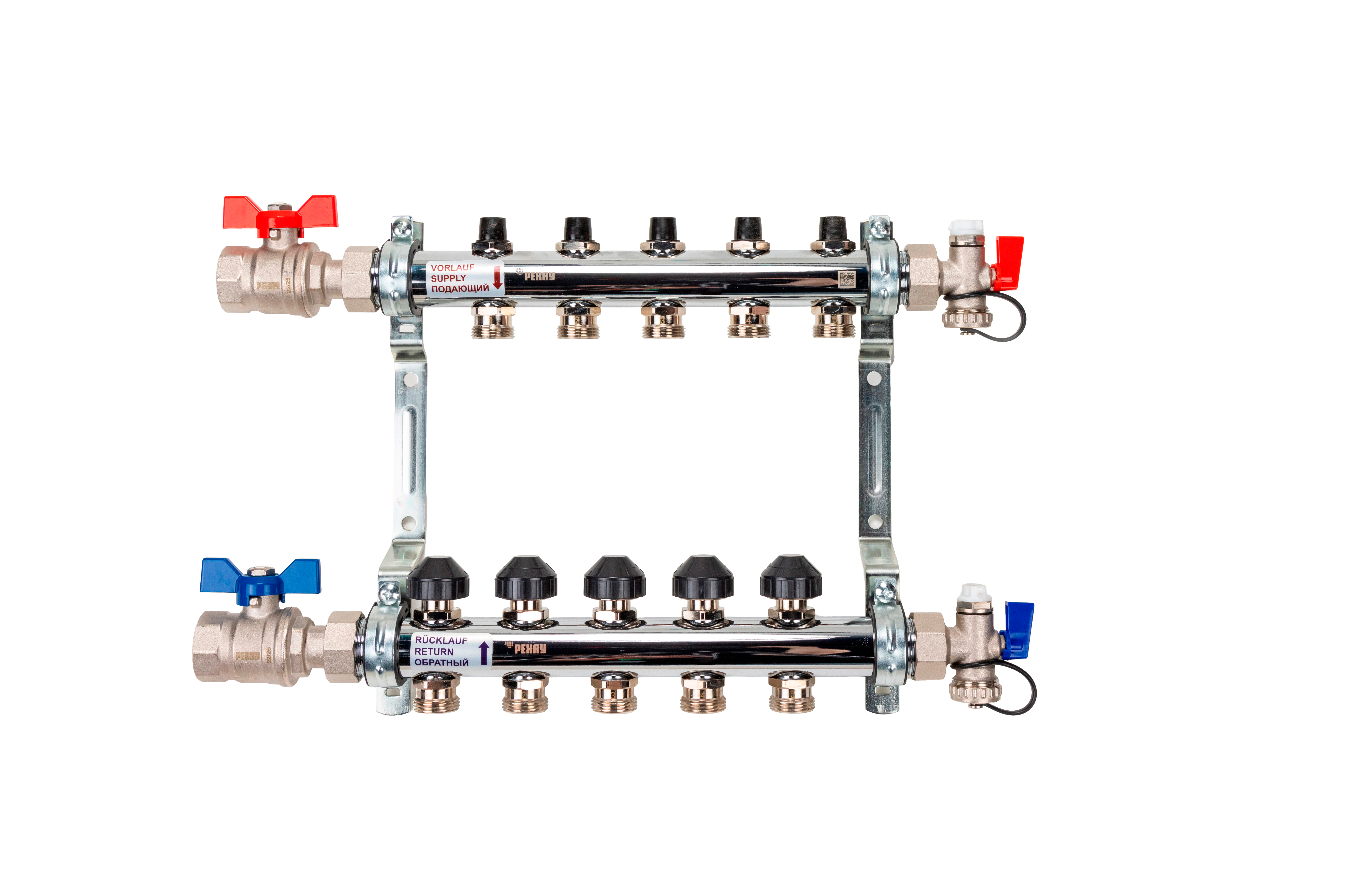 РЕХАУ 12180513001 HKV Коллектор распределительный 5 контуров для системы отопления с термовставками и запорными кранами, в сборе: с шаровыми кранами, с креплением, с блоком заполнения/ воздухоот., с термометром