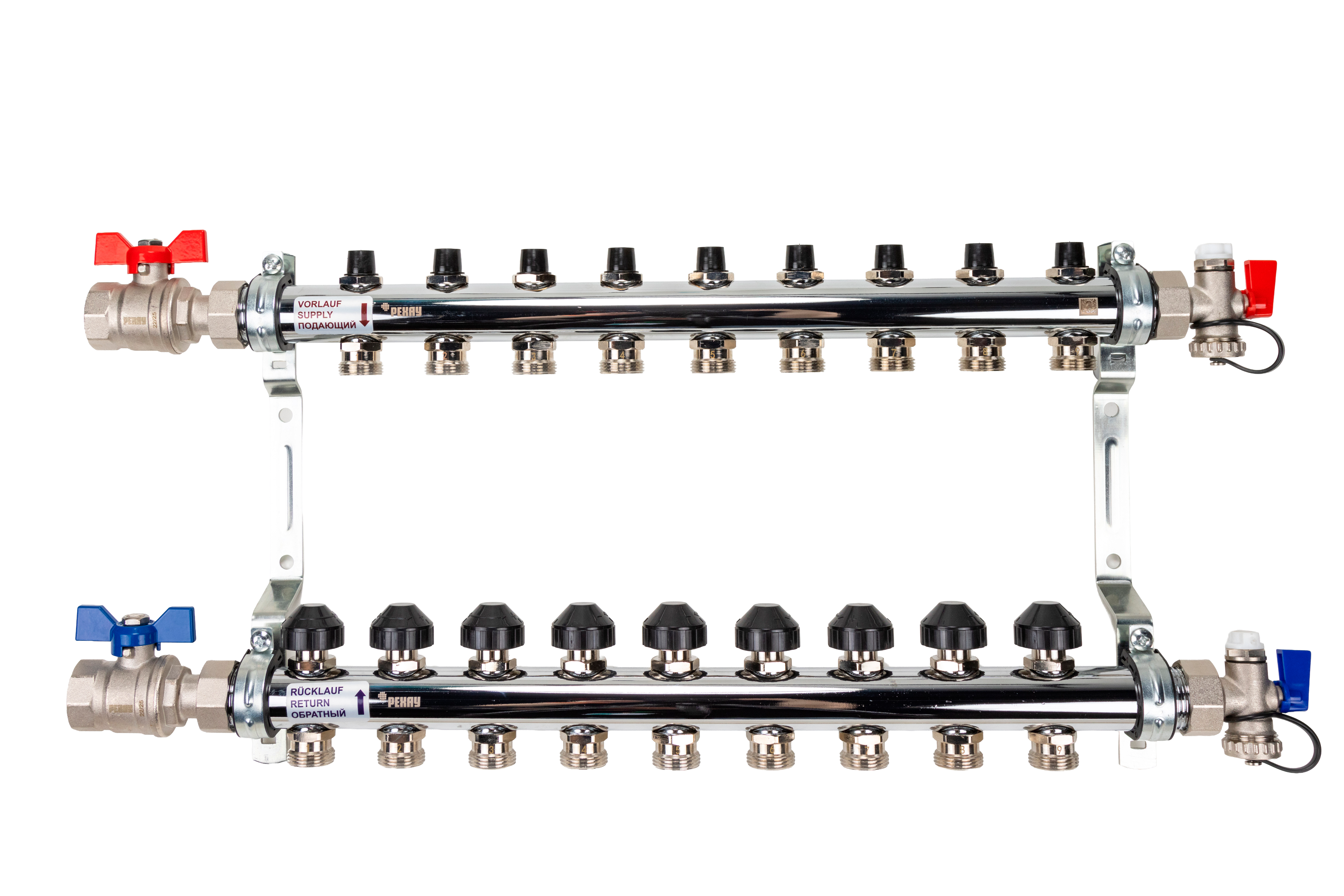 РЕХАУ 12180913001 HKV Коллектор распределительный 9 контуров для системы отопления с термовставками и запорными кранами, в сборе: с шаровыми кранами, с креплением, с блоком заполнения/ воздухоот., с термометром