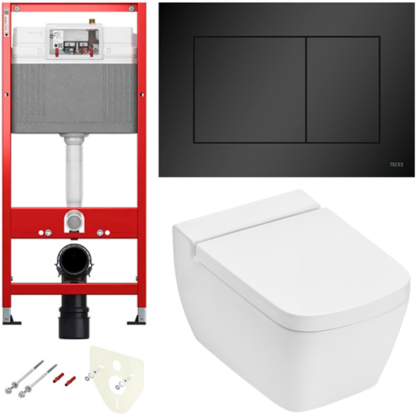 TECE K440407.WC2 TECEone Полный комплект 5 в 1 для установки подвесного унитаз с крышкой/сиденьема, панель черная матовая, унитаз с крышкой/сиденьем TECEone
