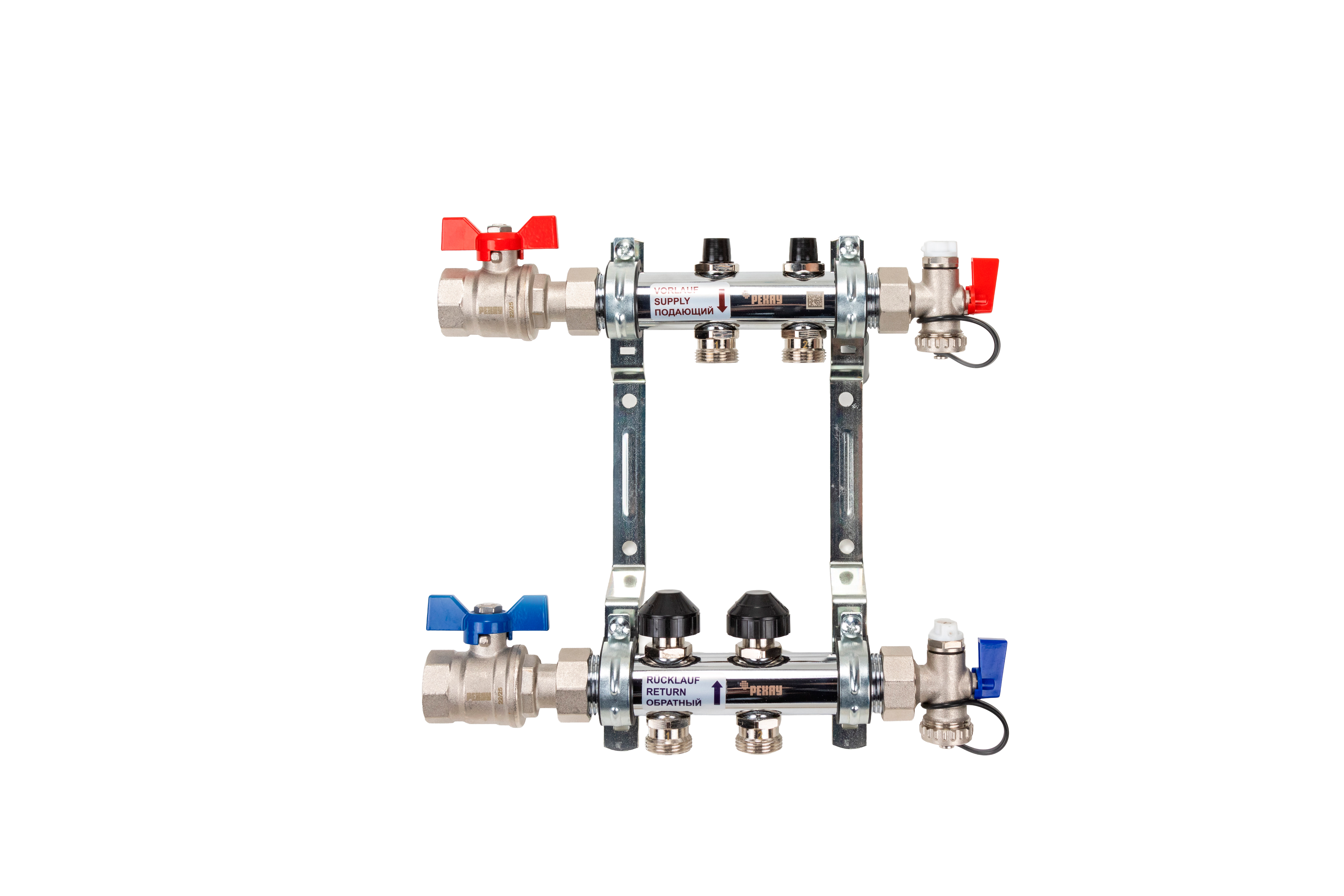 РЕХАУ 12180213001 HKV Коллектор распределительный 2 контура для системы отопления с термовставками и запорными кранами, в сборе: с шаровыми кранами, с креплением, с блоком заполнения/ воздухоот., с термометром