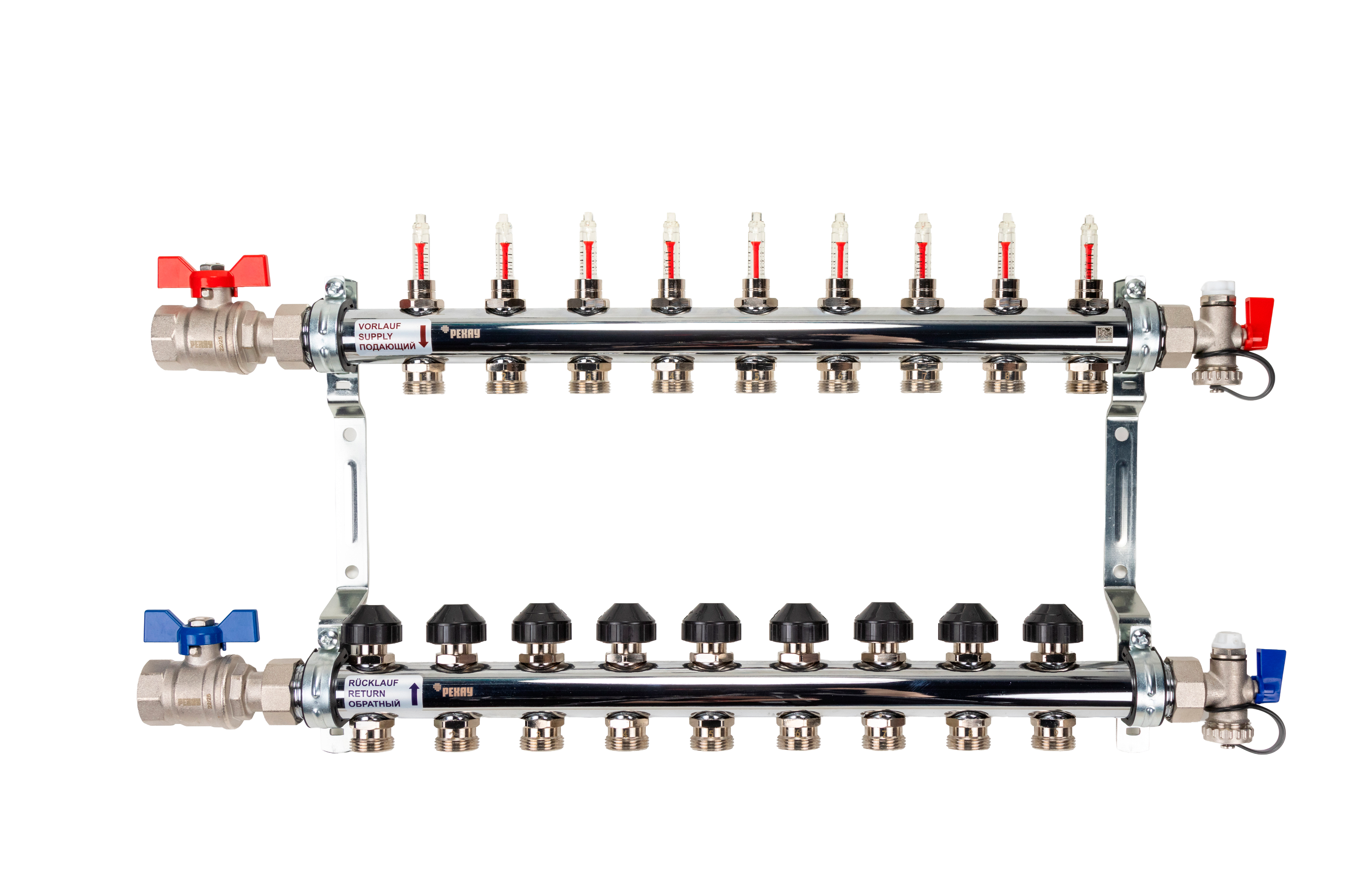 РЕХАУ 12080913002 HKV-D Коллектор распределительный 9 контуров для теплого пола с расходомерами и термовставками, запорными кранами, в сборе: с шаровыми кранами, с креплением, с блоком заполнения/ воздухоот., с термометром
